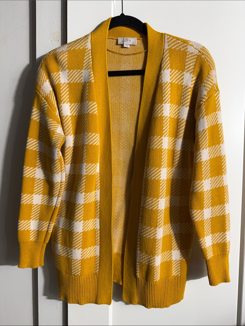 Loft EUC plaid open-front cardigan in autumn yellow